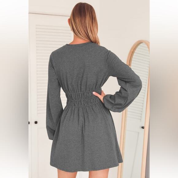 Lulus Fashion Win Charcoal Grey Long Balloon Sleeve Pullover Mini Dress Sz M - Picture 2 of 12